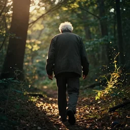 a 3 5 mm photo from the back of a senior citizen walking in the woods, splash art, movie still, bokeh, canon 5 0 mm, cinematic lighting, dramatic, film, photography, golden hour, depth of field, award - winning, anamorphic lens flare, 8 k, hyper detailed, 3 5 mm film grain