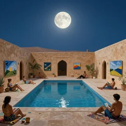 full moon over a pool in a courtyard in the desert, people lounging, painting in the style of Max Ernst, incredible, 4k