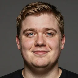 tall chunky man in his twenties with brown blond short regular haircut and round facial structure with cleft chin, straight eyebrows, big grey blue eyes, happy, slightly set back jaw, cheekbones, straight nose, wider face, slight shadow of beard, atmospheric lighting, painted, intricate, 4 k, highly detailed by charlie bowater