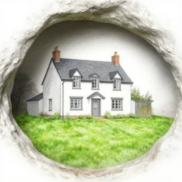 a cave drawing of a beautiful cottage, with a lush grass lawn, featuring a tree in the style a cave drawing on a cave wall