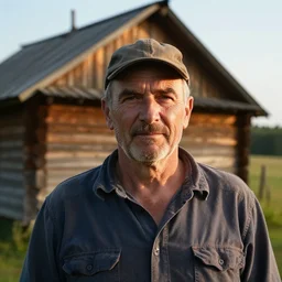 a headshot portrait of a farmer, stood outside a wooden cabin, ultra realistic, dramatic lighting