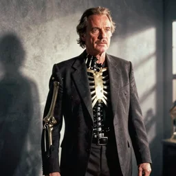 Jack Nicholson plays Terminator, scene where his endoskeleton gets exposed, still from the film
