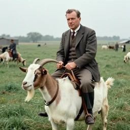 jacques chirac as a goat keeper circa 1 9 6 0, riding goat, cine still, movie still, 8 k