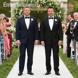 steve rogers and bucky barnes get married to each other, screenshot from the mcu : : official promotional image entertainment weekly, gay marriage, wide shot of the wedding, beautiful, both wearing tuxedos, as played by chris evans and sebastian stan