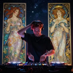 A man djing under the stars, digital art, artstation, ultra realistic, volumetric lighting, 4k, unreal engine, octane render, art by Artgerm and Greg Rutkowski and Alphonse Mucha