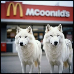 lomo photo of two white wolves standing in front of mcdolands, cinestill, bokeh, out of focus, dramatic lighting, detailed, grainy