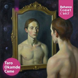 a painting of a person looking in a mirror, a surrealist painting by Taro Okamoto, behance contest winner, pop surrealism, surrealist, cosmic horror, biomorphic