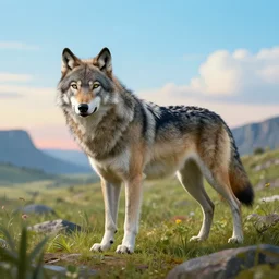 a beautiful detailed surreal wolf in a serene landscape, landscape photography composition, vivid colors, octane render, redshift render, by ellen jewett, by jean delville, by edmund dulac, by jean giraud