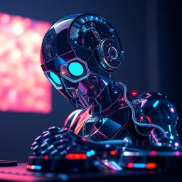 robot dj made of glass sparkles, shine, glimmer, reflections, led light, highly detailed and intricate, hdr, metallic colors, sharp focus, photography, unreal engine, trending on artstation, photorealistic, octane, trending on deviantart