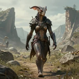 highly detailed portrait photo of a sethrak wandering through a scenic dystopian environment, hyperrealistic illustration by william didier - pouget