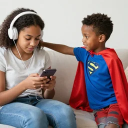 candid photo of a young black boy wearing a superhero cape trying to get his teenage sister's attention while she listens to music on her phone