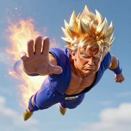 photorealistic professional digital art of a highly detailed super sayan trump. accurate trump's face. he flies in the sky preparing a kamehameha. octane render, clear, intricate, highly detailed, unreal engine 5.