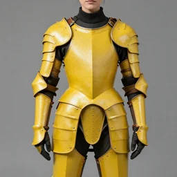 female adventurer in tight full - body canary yellow gambeson leather armor of italian design with diamond pattern and brown leather accents and a closed armet helmet with white porcelain swan mask, trending in artstation, establishing shot