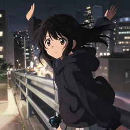 anime visual, portrait of a young black haired girl wearing hoodie sightseeing above the urban city, guardrail, cute face by yoh yoshinari, katsura masakazu, dramatic lighting, dynamic pose, dynamic perspective, strong silhouette, ilya kuvshinov, anime cels, 1 8 mm lens, fstop of 8, rounded eyes, moody, detailed wallpaper