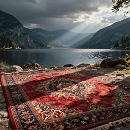 lakeside mountains, ornate rug