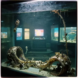 colored photograph taken on fujifilm superia film, 3 5 mm, spooky creepy liminal space, halloween decorations, educational display case, aquatic exhibition science museum, smelly dried dryrot putrid aquarium with hollow tentacle tunnels, fishbones covered in flies, bright computer screens with colorful displays, backroom stairs leading down under water, displacement