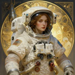 psychoslayer, woman astronaut, intricate abstract. being entered by machine, portrait, highly detailed, deep focus, elegant, golden hour, elegant, highly detailed, digital painting, artstation, concept art, smooth, sharp focus, illustration, art by artgerm and greg rutkowski and alphonse mucha