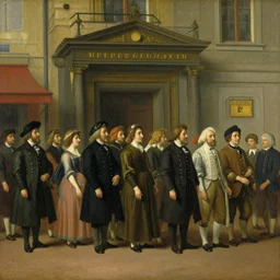 Dutch oil painting from 1600s: People standing in line infront of the Berghain Club, Berlin