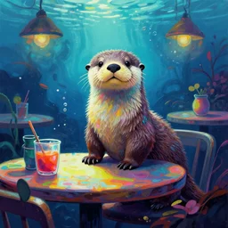 otter in an underwater cafe. complementary colors, gouache, indie concept art, bloom, chiaroscuro, backlighting, intricate details.