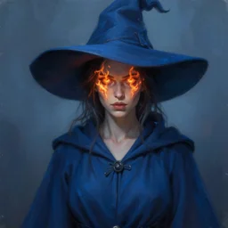 oil matte painting, witch in blue robes and hat fiery eyes. digital painting, fantasy, concept art, cinematic colors, realistic shaded. by ilya kuvshinov, magali villeneuve, artgerm, greg rutkowski