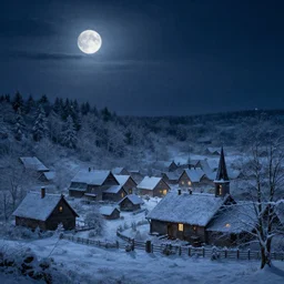 a medieval village of moderate size next to a forest at night with the moon in the sky by noah bradley, matte painting, Artstation, snowy