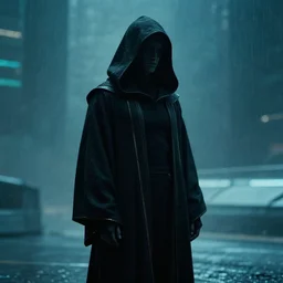 dark figure wearing black robe with subtle trim gold accents hooded cyberpunk bladerunner 2049 movie still (2017)