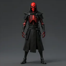 a full body shot of a Skeleton warrior by Tomohiro Shimoguchi, red skeleton face,black hood, black heavy armor, wears shorts, highly detailed,artstation,manga,pencil art on paper, symmetrical body, symmetrical face