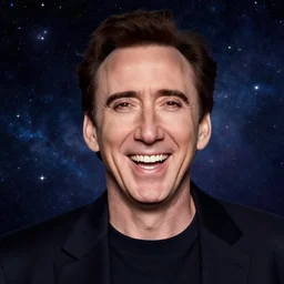 nicholas cage very happy expression, cosmic starfield background digital art