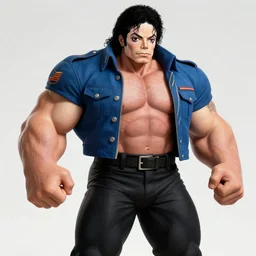 michael jackson oversized muscular hulked powerlifter by neca!!! pretty! beautiful! action pose shirtless muscular black pants blue military jacket very detailed realistic action figure by neca macro face shot face shot in the style of jojo adventure, character from king of fighters, film still, bokehs