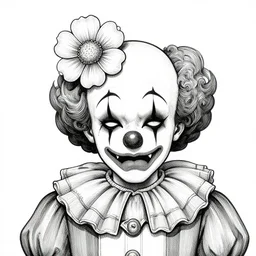 highly detailed ink illustration of a devilish sad clown with a flower on its head, b & w clean shaped illustration by kim jung gi