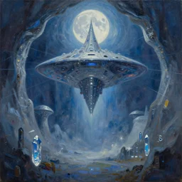 elysium mothership crystal radiation retribution scarce color palette cold power-line alienated scenery in a dream subconscious cavern sacred geometry cold palettes of moon dusk and dream fantasy canvas carefully structured abstract expressionism oil painting by  Eemre Aaa (2041)