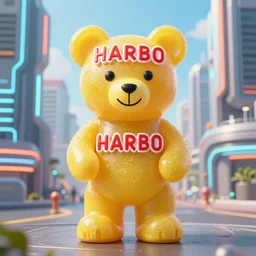 portrait of haribo bear in future city, color and shape focus, central composition, natural ligh