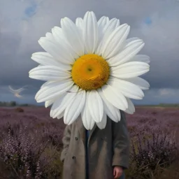 portrait, gigantic daisy flower head, a girl wearing coat in a heather field, surreal photography, wind and cold, dramatic sky, impressionist painting, digital painting, artstation, simon stalenhag
