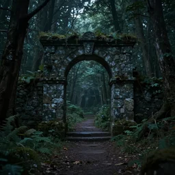 A magical portal standing in the middle of a forest leading into another world. Gloomy, forest at night. Stone archway portal, centralized. Highly detailed, trending on artstation.