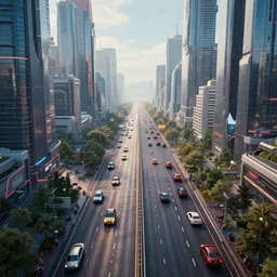 futuristic city busy road, year 2 1 0 0, octane render