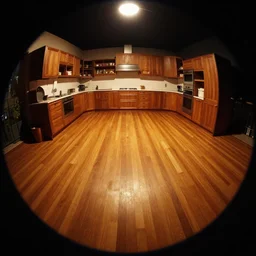 emmo dark, fisheye, curved perspective, night outdoor, volumetric lighting, top light, naive, extra narrow, wood texture, kitchen, large floor, by rhads, antoni gaudi, goya, warm tones