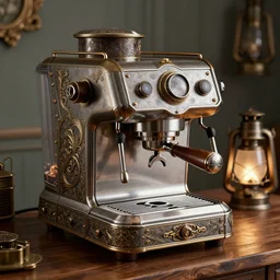steampunk espresso machine, on a wooden table, intricate detail, hyper detailed, ultra realistic, sharp focus, octane render, lantern, volumetric, ray tracing, artstation trending, cgsociety, sense of awe, mystical, 4 k