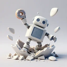 dissection of funny ceramic exploding crash miniature toy resin Figure mechabot falling apart 8K, c4d, 3d primitives, in a Studio hollow, surrounded by flying parts, explosion drawing, by pixar, beeple, by jeff koons, blender donut tutorial