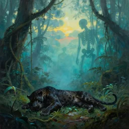 foggy jungle with vines and spikes ,dead panther on the ground, muscular skeleton silhouette backlight , cyan atmosphere , oil painting by frazetta, dramatic clouds sunset