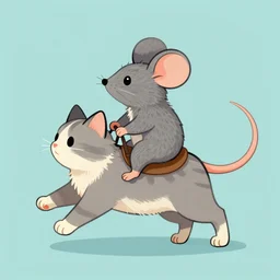 a mouse riding on a prancing cat, illustration, digital art, trending on artstation