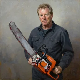 portrait of bob barker holding a chainsaw bloody, an oil painting by ross tran and thomas kincade