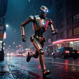a kodachrome photo of a tall huge metallic cyborg droid android with glowing lights, running sprinting on a rainy night in the city in the 1 9 5 0's, dramatic, seen from a distance, canon 5 0 mm, cinematic lighting, film, photography, award - winning, neon, cyberpunk, blade runner