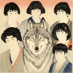 a half upper body portrait of a wolf by shin hanga and kawanabe kyosai and katsuhiro otomo. ukiyo - e shohei otomo and satoshi kon, and greg rutkowski weta studio and lucasfilm, woodblock print, coherent, behance, global illumination, golden ratio, flat colors, thick black outlined,