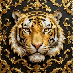 beautiful portrait of a large ornate and intricate rococo carved marble and gold tiger face, 3 d, photorealistic, symmetric, front facing, centered, hyper detailed, gold plated on black background, wallpaper pattern