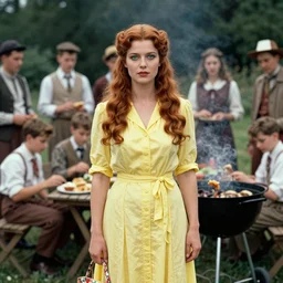 an image of a queen with tan skin long rippling cinnamon hair and emerald colored eyes in a medium full shot, vintage historical fantasy 1 9 3 0 s kodachrome slide german and eastern european mix. the queen is pictured attending a barbecue for youth volunteers. she is dressed in a yellow midi shirt dress paired with a floral classic pump.