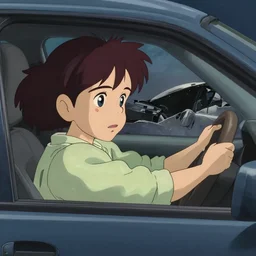 a brunnete girl with blue eyes and puffy cheeks driving a car, car accident, close up shot from the back of the car, anime art, Greg Rutkowski, studio ghibli, dramatic lighting