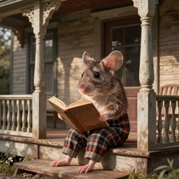 a hyper realistic mouse in plaid pants, reading a book, sitting on a porch of a wooden house, victorian style