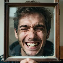 a smiling man who's forehead is a glass window inside which we see a man screaming in despair