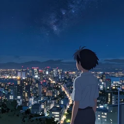very beautiful night, overlooking the city, starry sky, makoto shinkai, 8 k