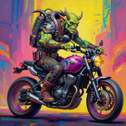 a scifi post apocalyptic orc biker by michael whelan, psychedelic vibrant colors, futuristic punk rock fashion, oil painting by michael whelan art, sharp focus, realistic, highly detailed, 8 k, intricate linework